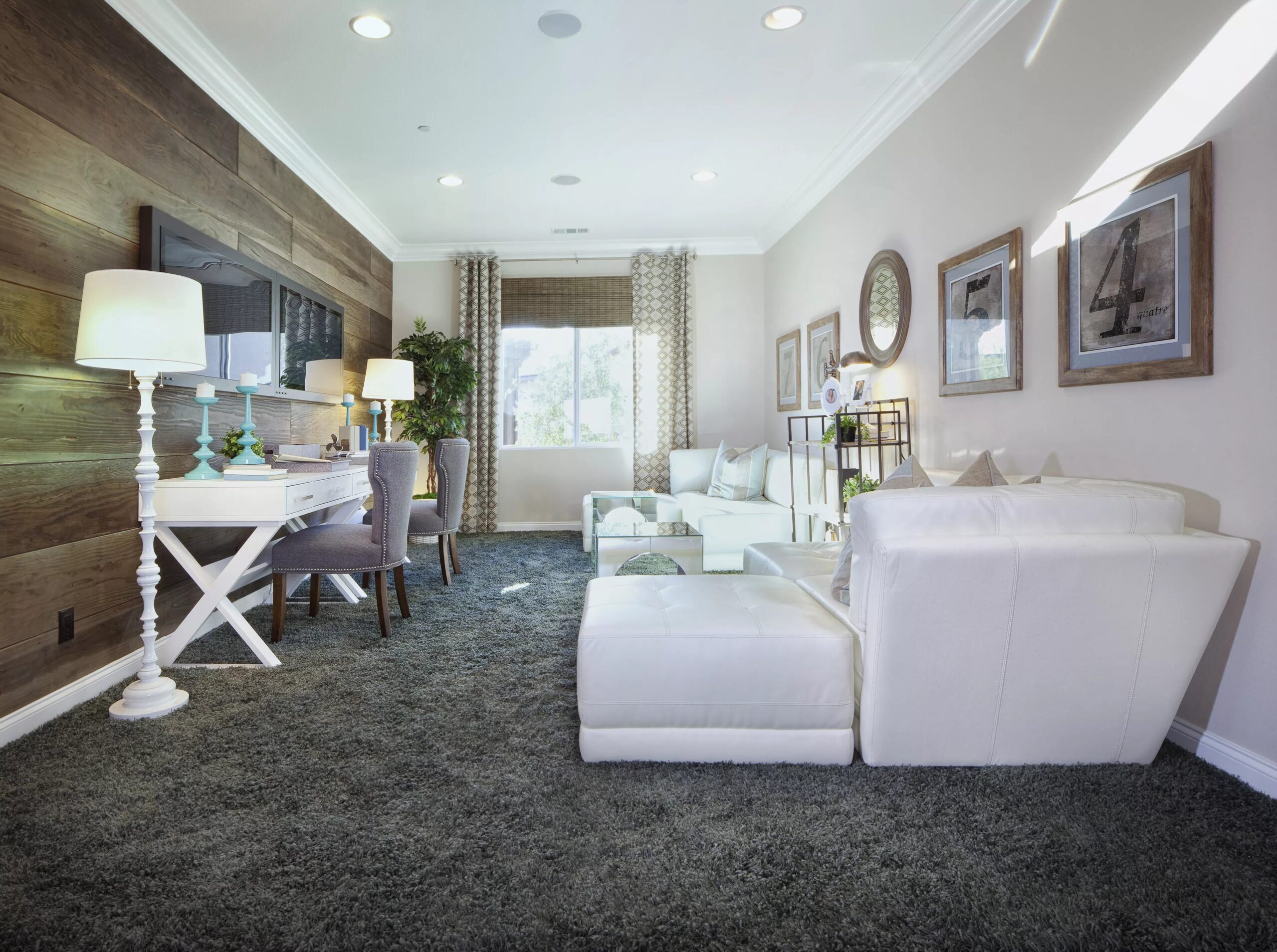 Contemporary living room with dark gray carpet